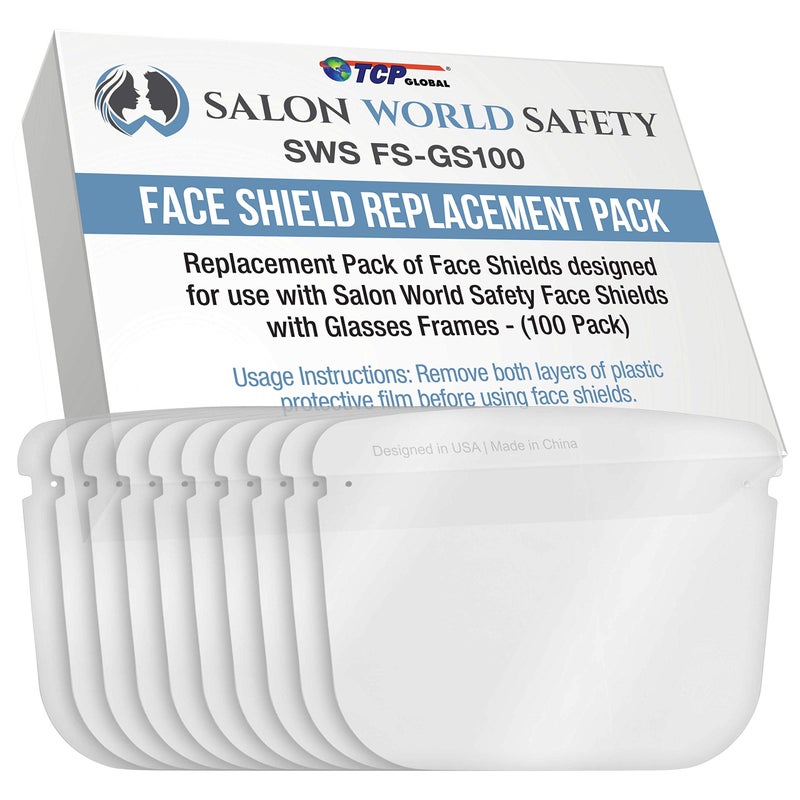 TCP Global Salon World Safety Replacement Face Shields Only (10 Packs of 10), Glasses Frames Not Included - Fits Most Brands, Ultra Clear, Full Face, Protect Eyes Nose Mouth, Anti-Fog PET Plastic - Image 1